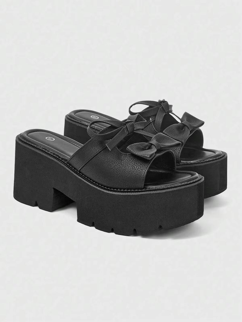 ROMWE Women's Fashion Wedge Heel Platform Sandals, Punk Style Gothic Double Bow Platform Slip-On, Spring, Summer And Autumn Nightclub Party Festival Women's Shoes